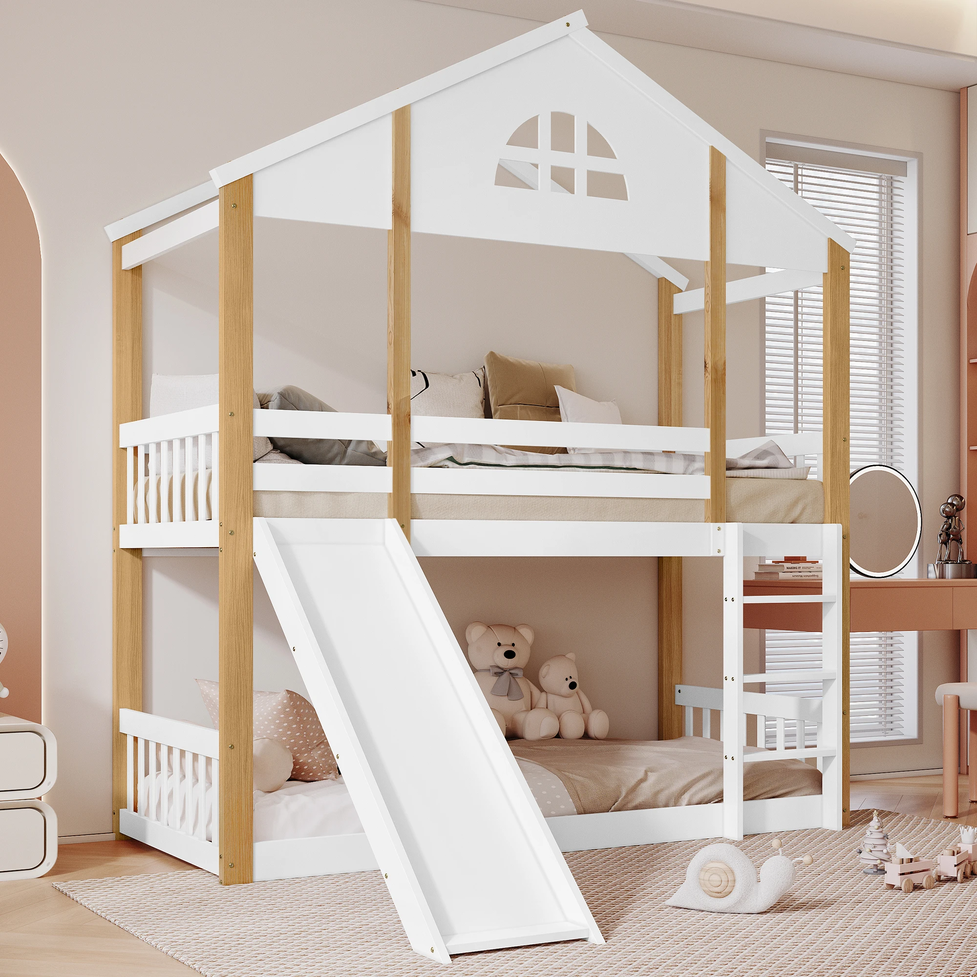 Lit superposé avec fenêtres originales et échelle pliante à trois marches, lit enfant avec toboggan, structure de lit en bois massif (90x200 cm)