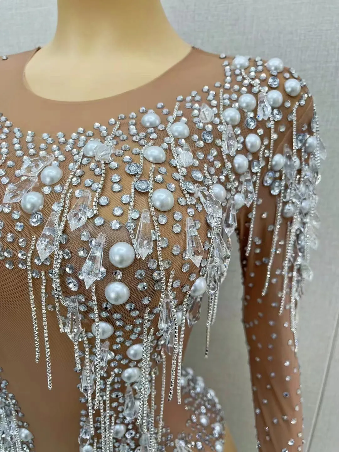 Sexy Silver Rhinestones Pearls Chains Leotard Evening Birthday Crystals Fringes Bodysuit Costume Performance Photoshoot Outfit