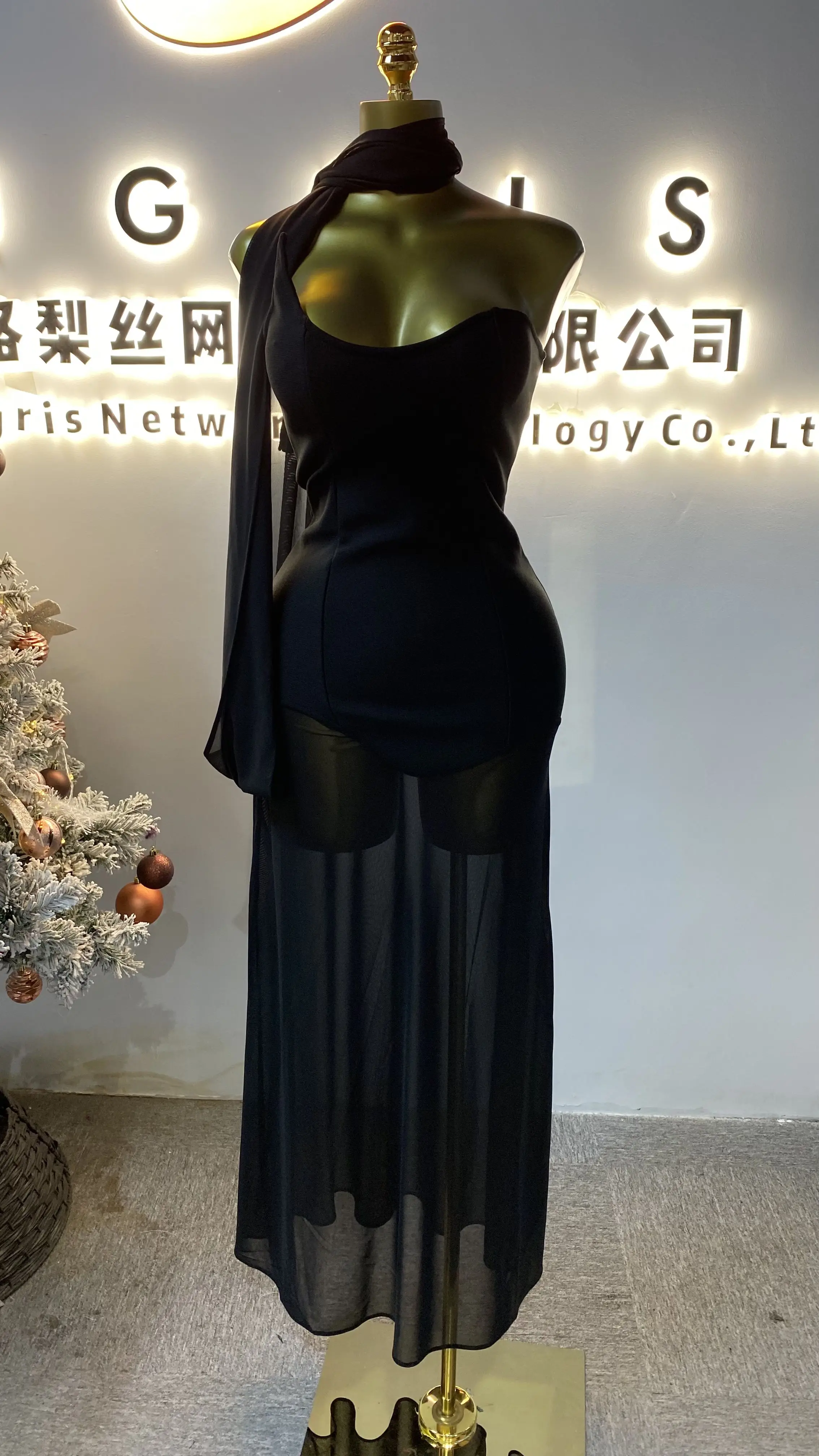 Sexy sleeveless strapless mesh women's party dress, elegant off-the-shoulder gown, evening dress, long maxi dress-GZXX145