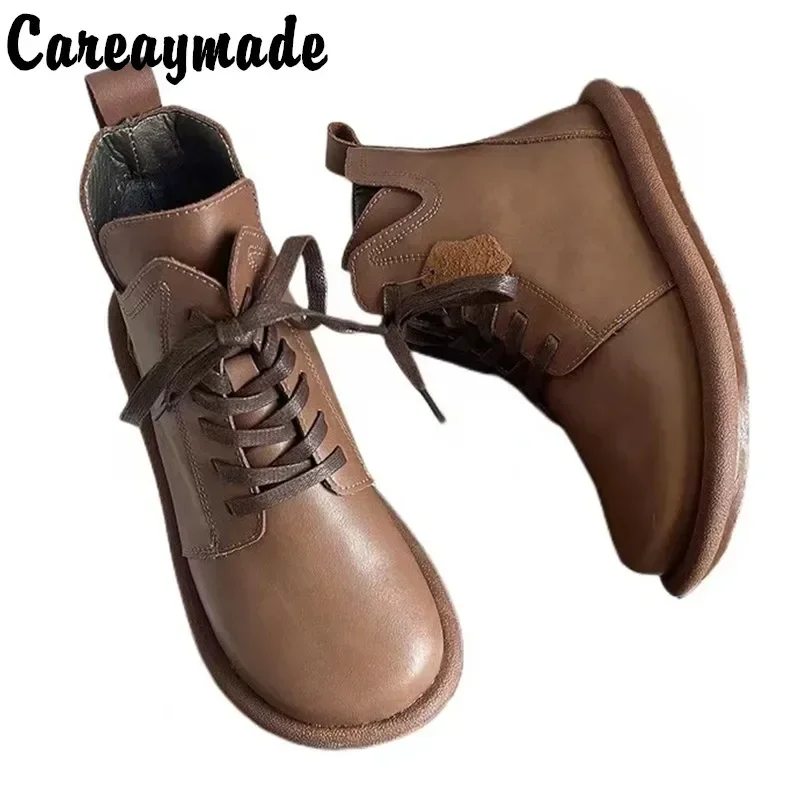 Careaymade-Genuine Leather Women Boots Women\'s Literary Retro High-top Small Leather Shoes Flat Front Lace-up Ankle Boots