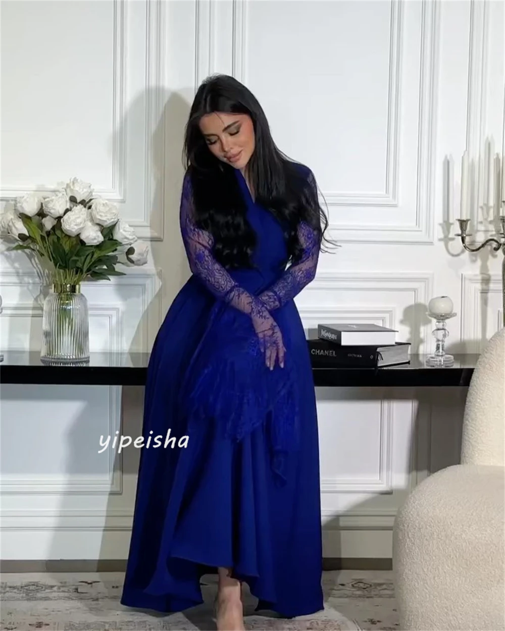 Gaun Prom arab Saudi gaun malam terbungkus ruffle Ruched Clubbing A-line leher v Bespoke gaun acara gaun Midi