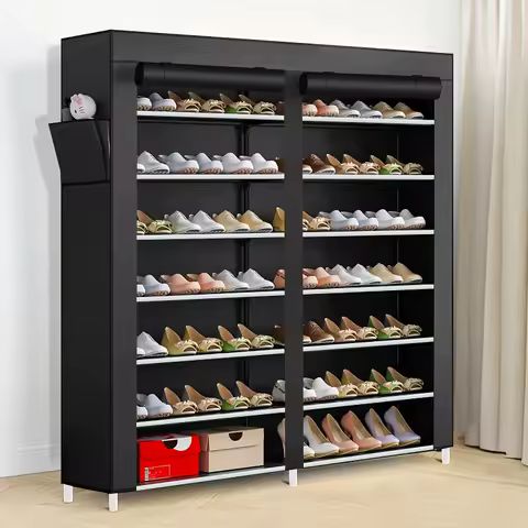 6-layer double row shoe rack with dust cover, easy to assemble and store shoes, black plastic design, 12 grid storage rack