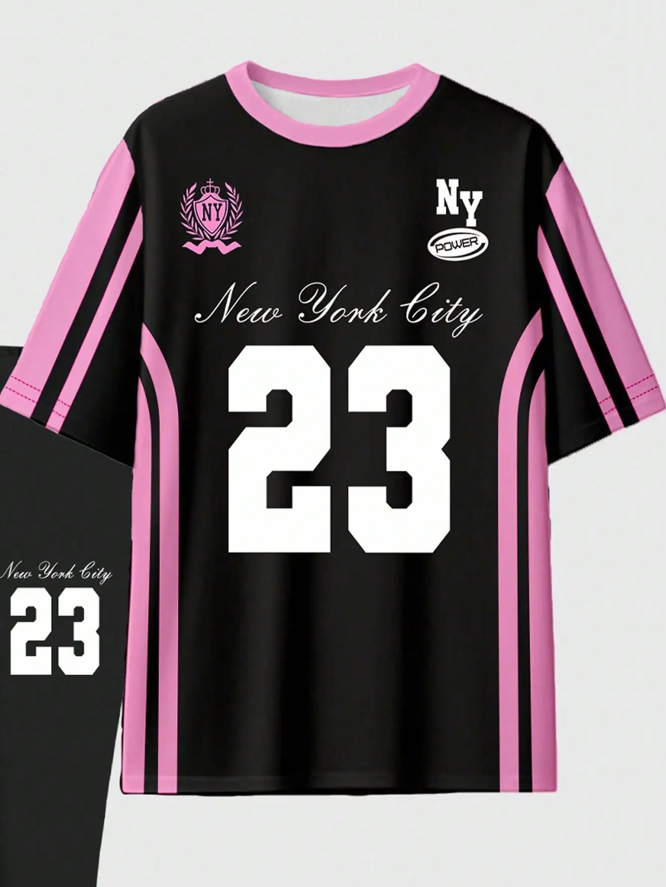 NYC 23 레터 그래픽 콘트라스트 사이드 심 매칭 티 & 레깅스 세트 (여성용)