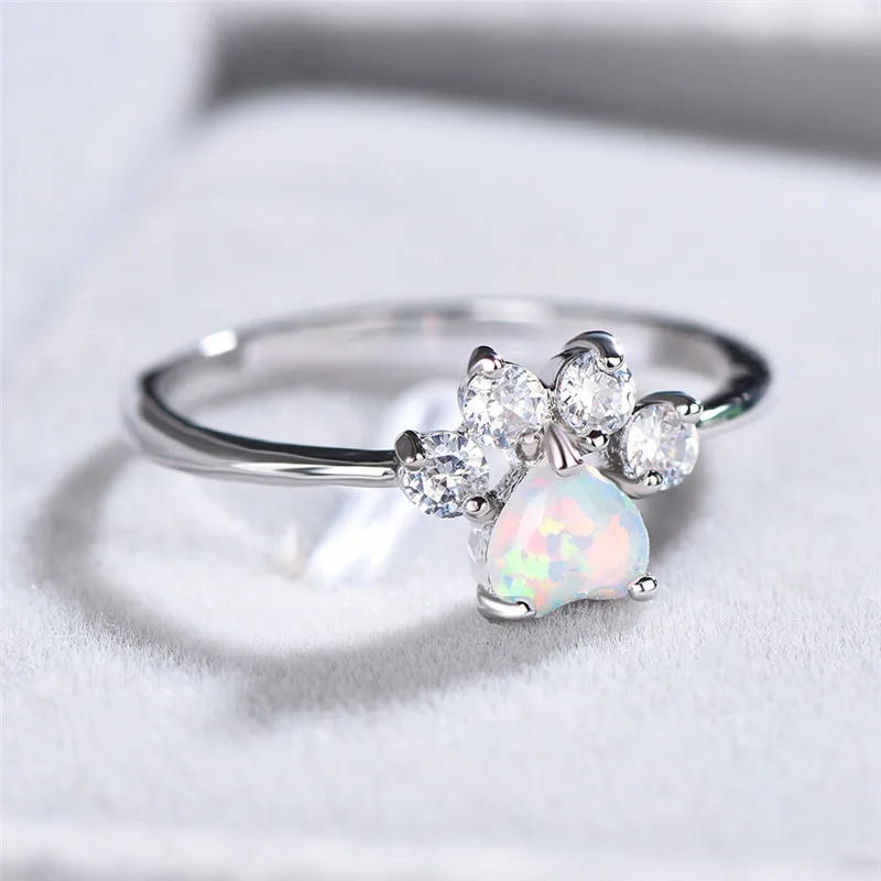 Cute Female Small Blue White Fire Opal Stone Ring Fashion Vintage Dog Cat Paw Claw Heart Wedding Jewelry For Women