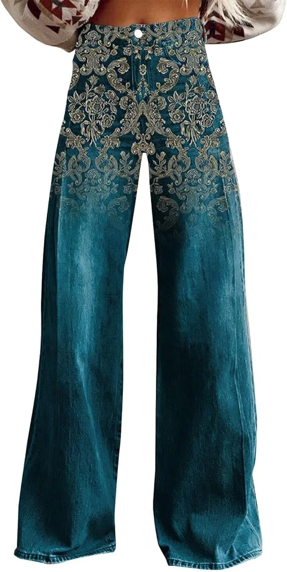 Vintage Farbverlauf Faux Denim Hosen Frauen Breites Bein Neue Mode Hohe Taille Casual Retro Punk Frauen Faux Denim Hosen Jeans