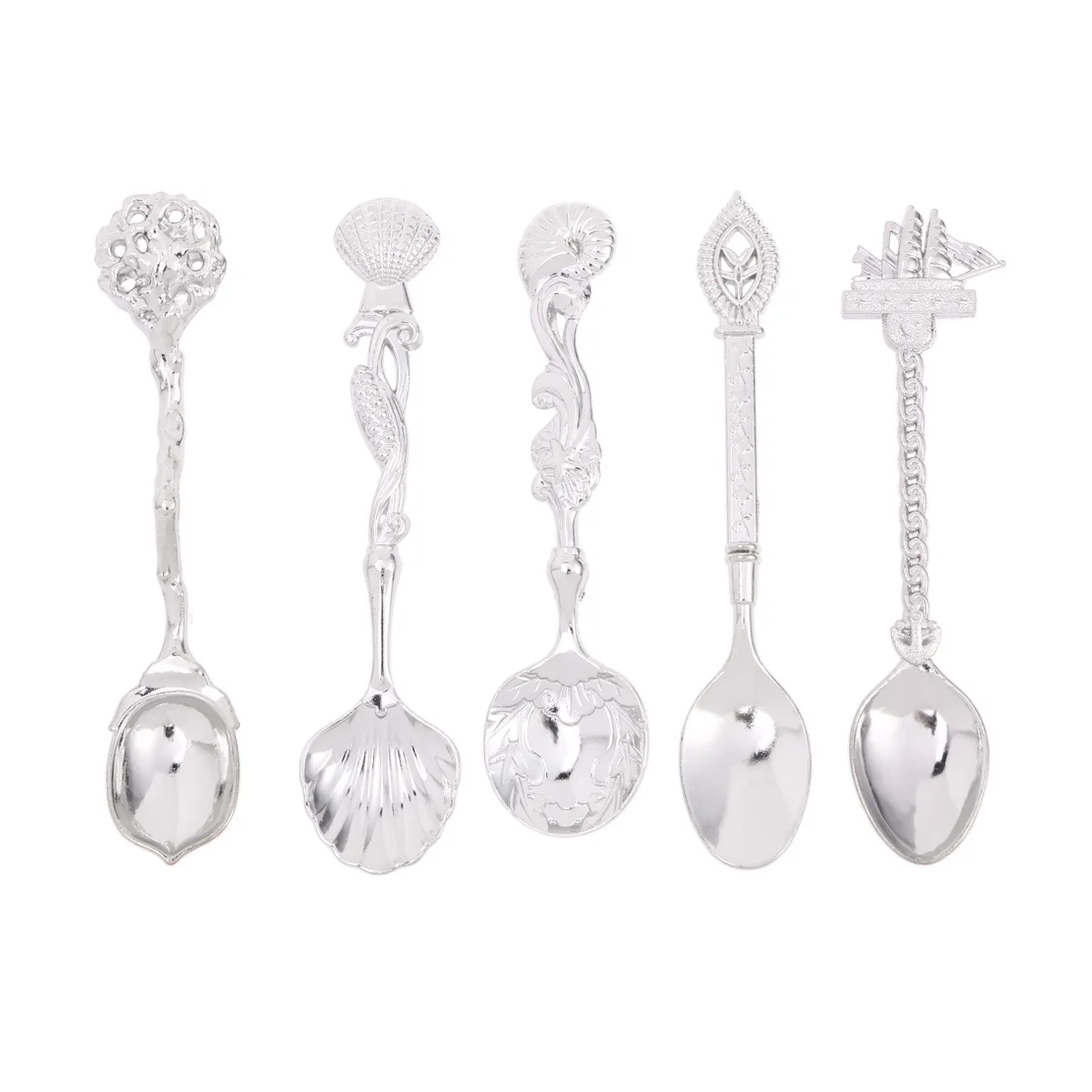 

5 Pcs Occident Court Style Retro Coffee Spoons Western Cutlery Set Creative Carved Stirring Spoon for Coffee Ice Cream (Silver)