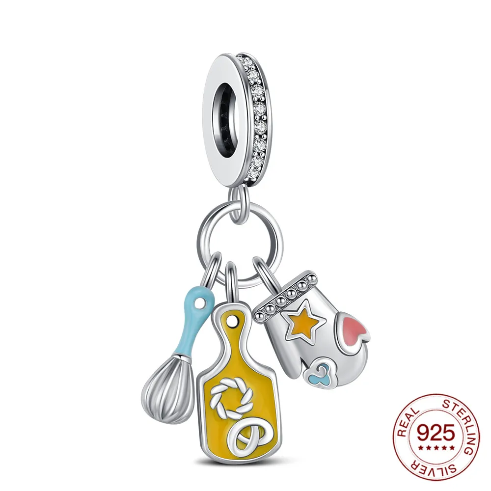 

2025 Charm Original Cooking Three-piece Set Pendant S925 Sterling Silver Bead Fit Bracelets Diy For Women Fine Jewelry Love Gift