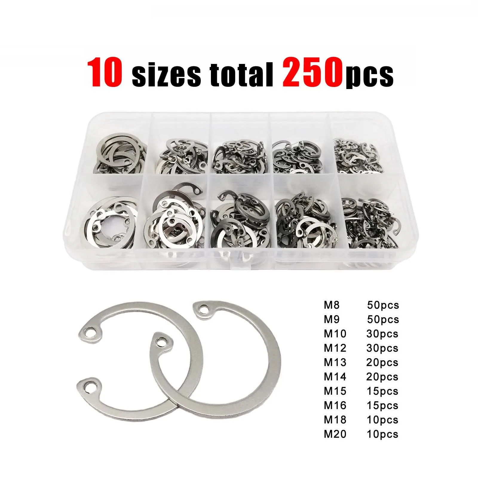 250pcs/box GB893 C Type Internal Circlip Hole Clip Snap Ring Mix M8 to M20 Kit Set 304 A2-70 Stainless Steel for Shaft Retaining