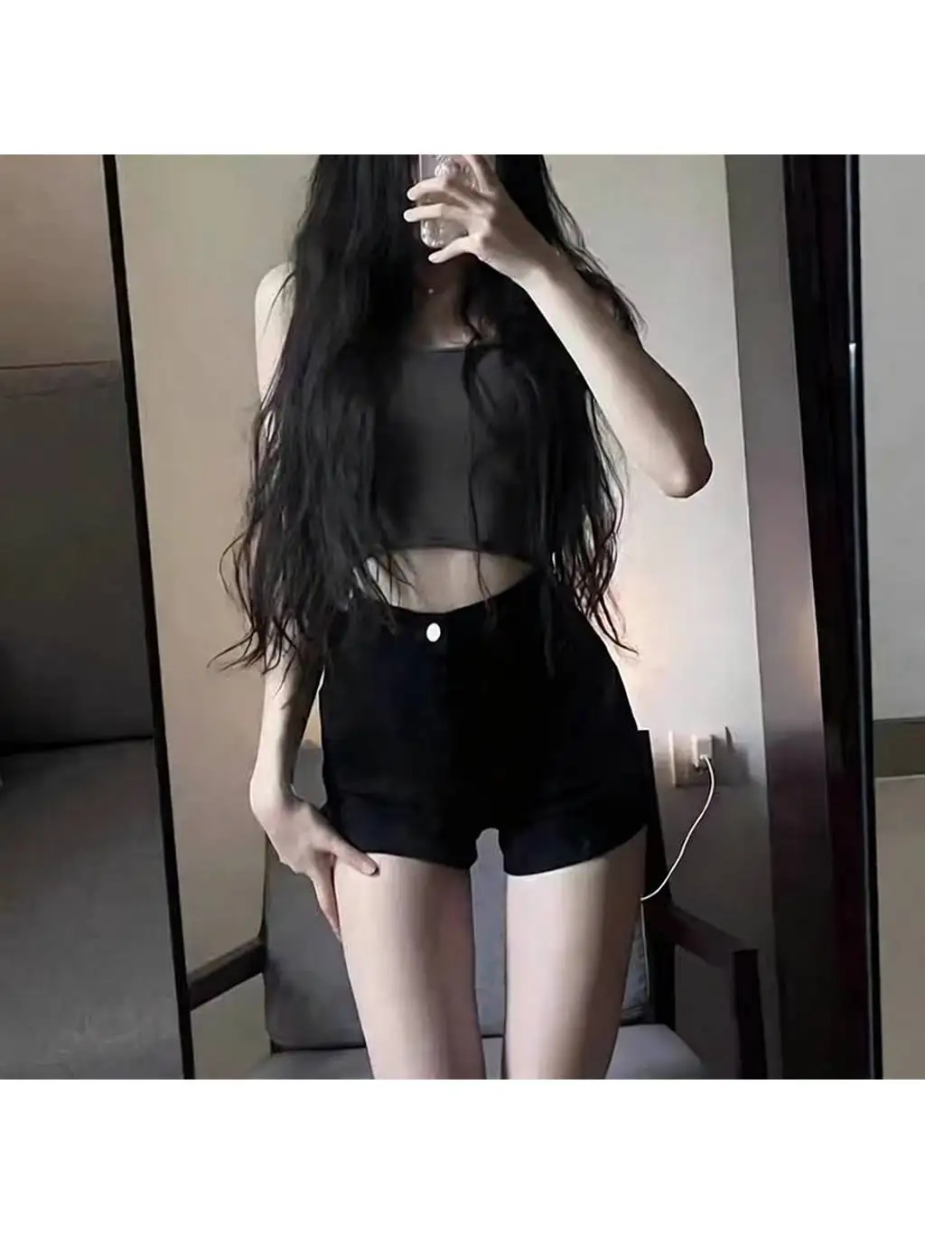 High Waist Slimming Denim Shorts for Women Black Summer New Style Cute Style Polyester Fiber Water Washed Hip Covering Hot Pants