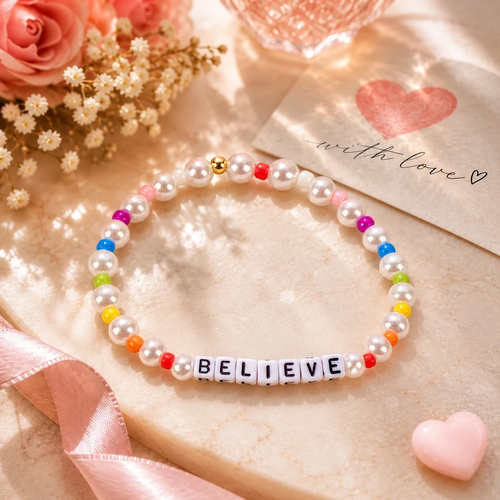 1pc Believe Letter Beaded Bracelet White Pearl-Look Beads Rainbow Spacer Beads with Colorful Cube Beads Cute Girls Style