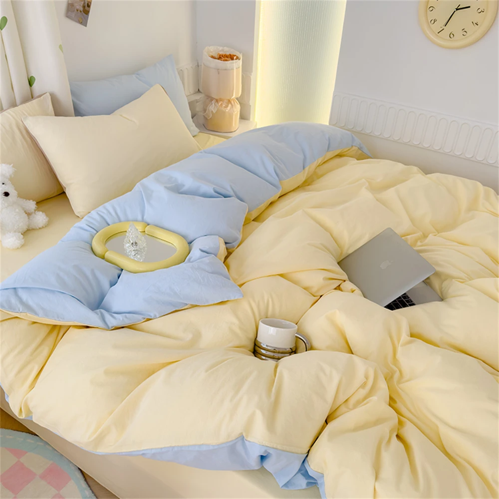 Solid Color Bedding Set Simple Style Washed Cotton Home Bedroom Decor Duvet Cover Pillowcase Bedspread Fashion Four Piece Sets