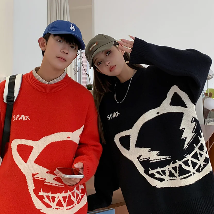 

Couples Oversize round Ne Knitted Sweater Spring Autumn Casual Print Geometric Pattern Comfortable Loose Fit Knitwear