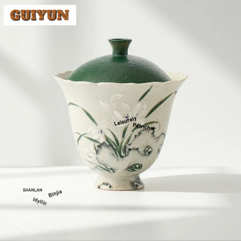 

110 мл ручная роспись Orchid Gaiwan Boutique против ожогов, чайная чаша с крышкой, комплект для приготовления чая, миска для чая, украшение