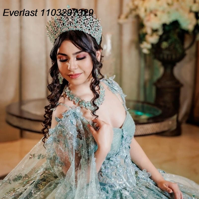 EVLAST Customized Glitter Green Ball Gown Quinceanera Dress 3D Floral Appliques Beaded Cape Sweet 15 Vestido De 15 Anos TQD574