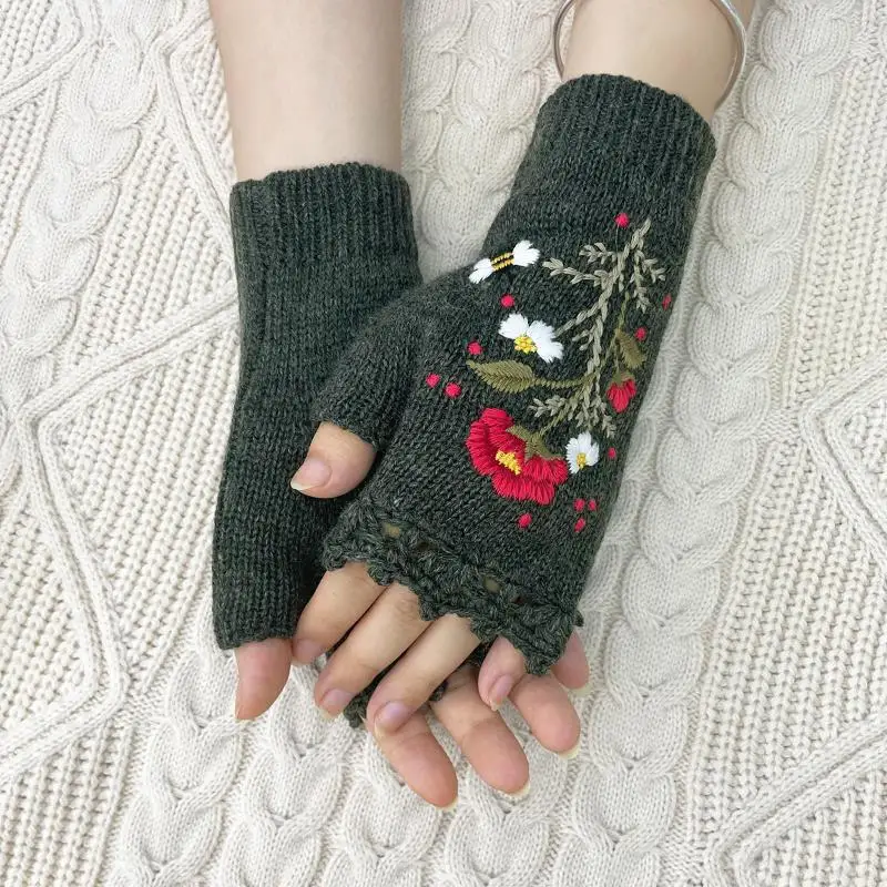 Niedliche Vintage-Handschuhe mit Stickerei, gestrickt, Bienenmuster, halbe Finger, fingerlose Handschuhe, koreanischer Stil, warme Winter-Wollhandschuhe, für den Außenbereich – Detail 10