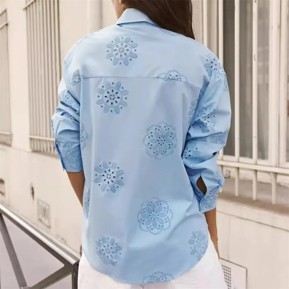 2024 ZAR4 Summer New Women\'s Style Versatile Pressure Glue Embroidery Decoration Poplin Shirt