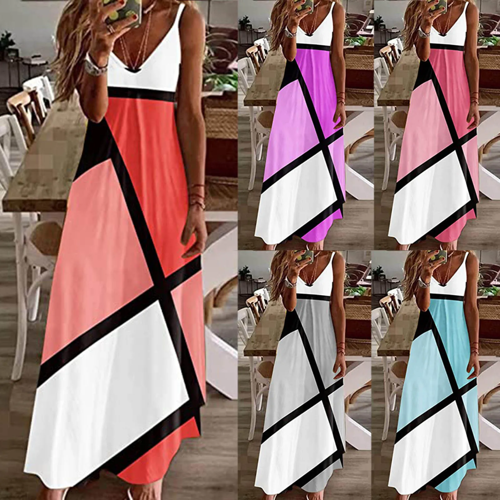 

Women Summer Casual Sexy Sleeveless V Neck Long Geometric Color Matching Print Dress sweet Casual