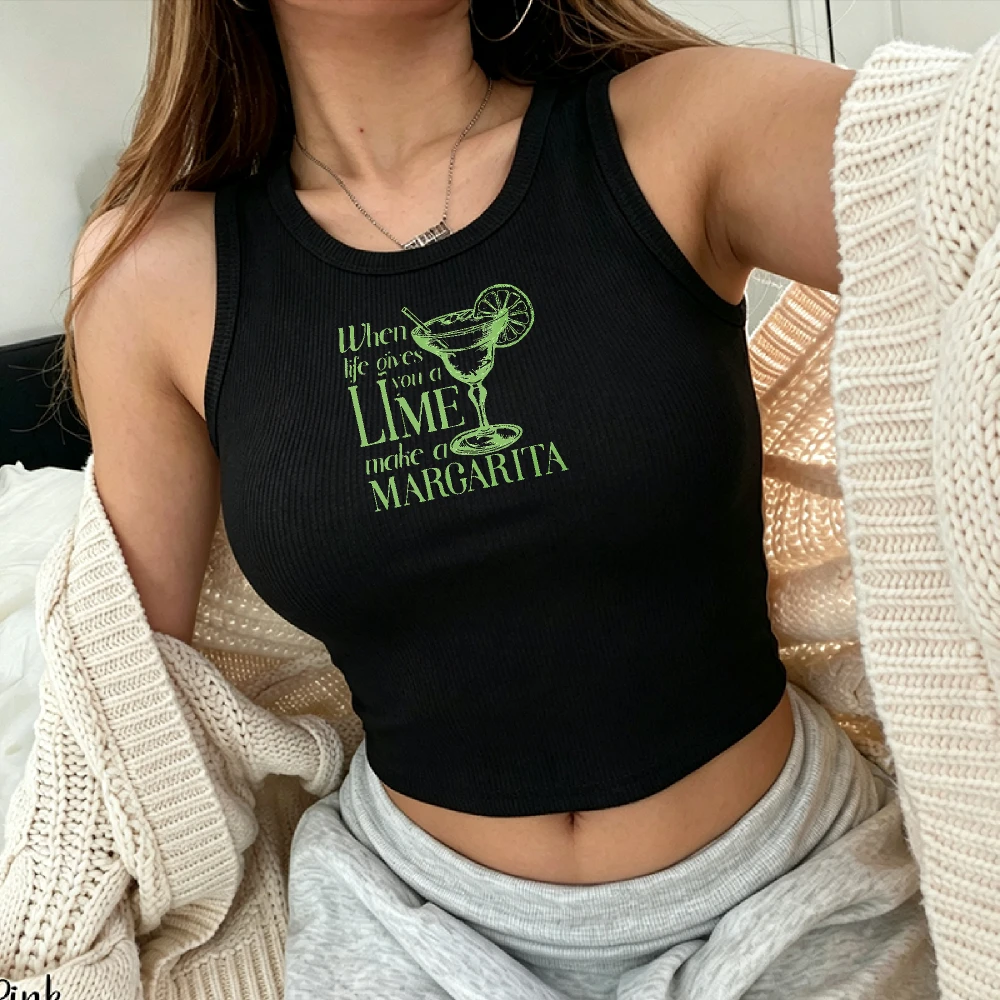 Lustiges Margarita-T-Shirt mit grünem Text, schwarzes geripptes Crop-Top im Tank-Style, Sommer-Cocktail-Shirt, Vintage-inspiriert, für Alkohol-Liebhaber