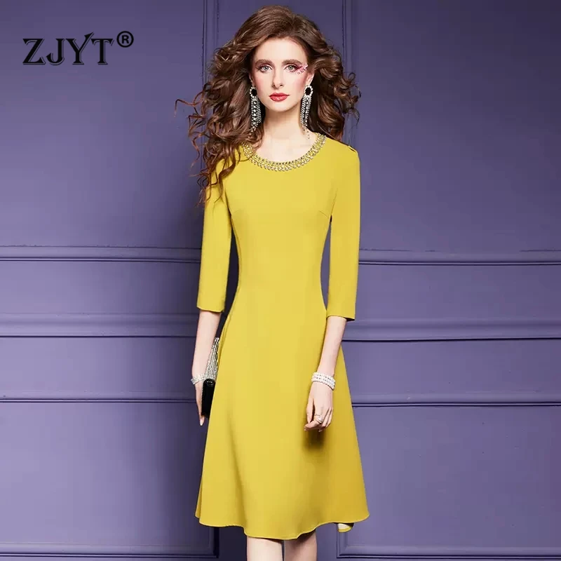 

ZJYT New Designer Beading Yellow Party Dresses for Women Spring 2024 Elegant O Neck Aline Simple Dress Casual Daily Vestidos