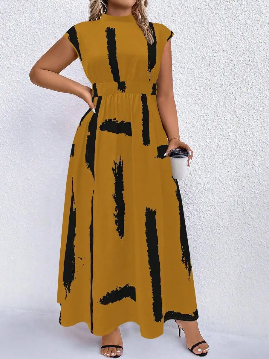 

Women Mock Neck Maxi Dress With Abstract Brushstroke Print