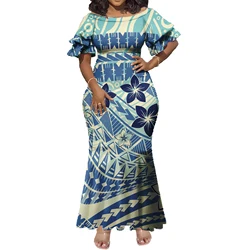 New Design Custom Tapa Pattern Print Polynesian Dresses Women Lady Elegant Big Size Short Sleeve Mermaid Hawaiian Dresses