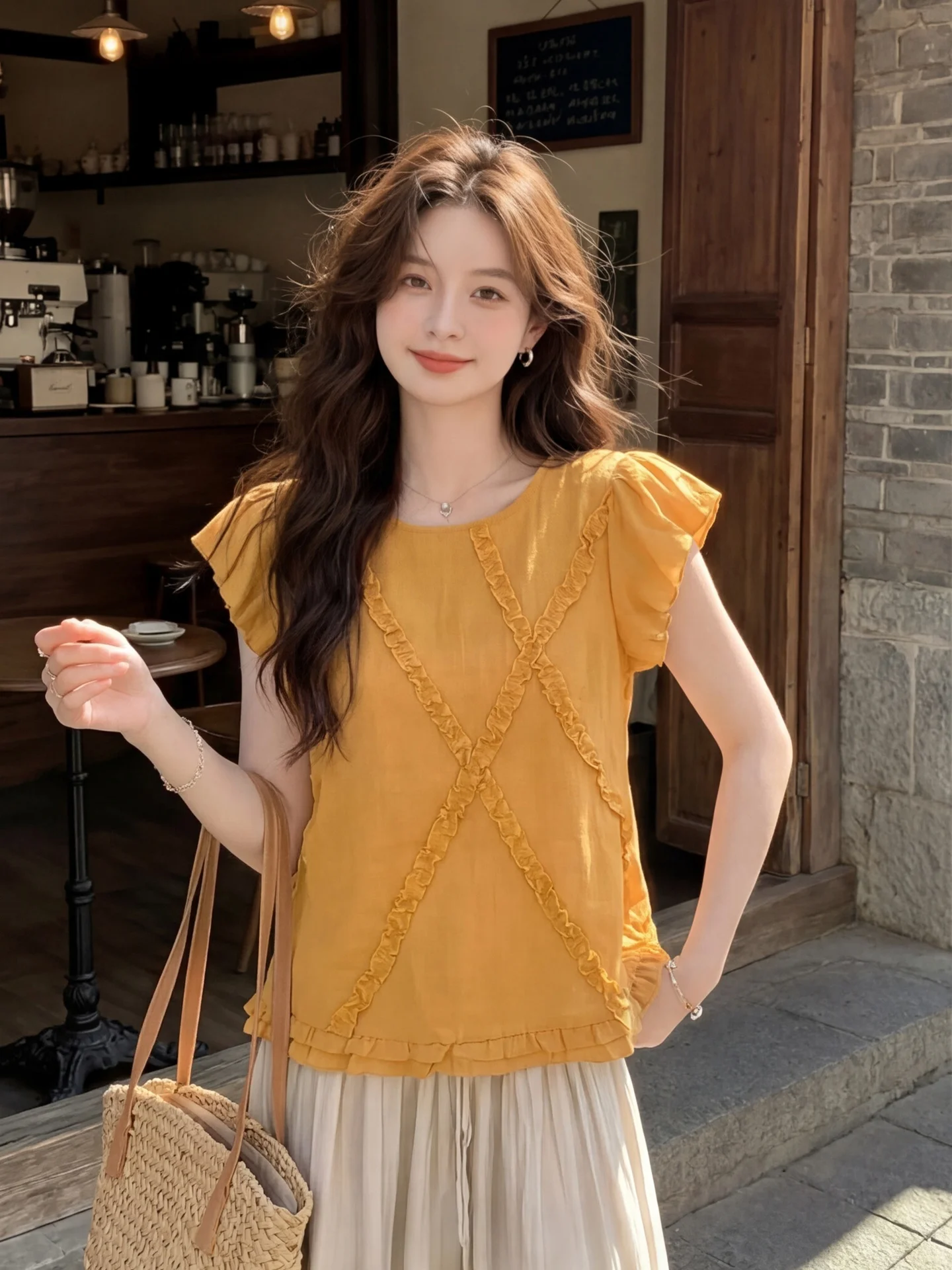 

Orange Yellow Flounce Sleeve Shirt Women's Summer New Style Thin round Neck Doll Shirt Top Fashionable Elegant Loose Fit