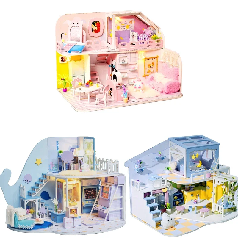 Animazione Kawaii Fai da te Cabina fatta a mano Mini piccola casa Modello assemblato Villa Scena di archiviazione fatta a mano Casa delle bambole Regalo di compleanno