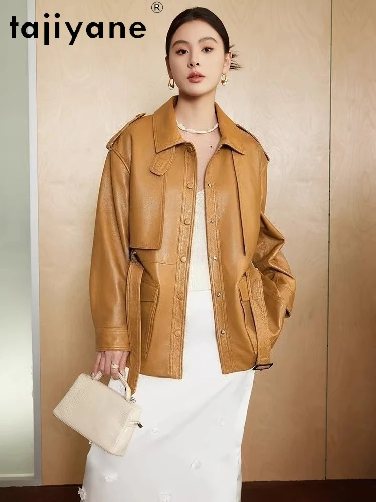 TAJIYANE 本革オイルワックスレザージャケット スタイリッシュなミドル丈スリムコート 本革ジャケット レディース 2025年秋服 дубленка