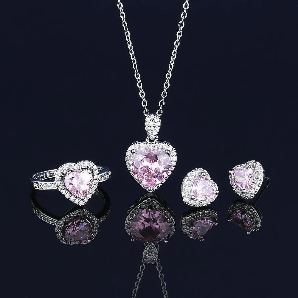 925 Sterling Silver Jewelry Set Heart Shape Pink Crystal Zircon Necklace Earrings Ring Women's Elegant Jewelry