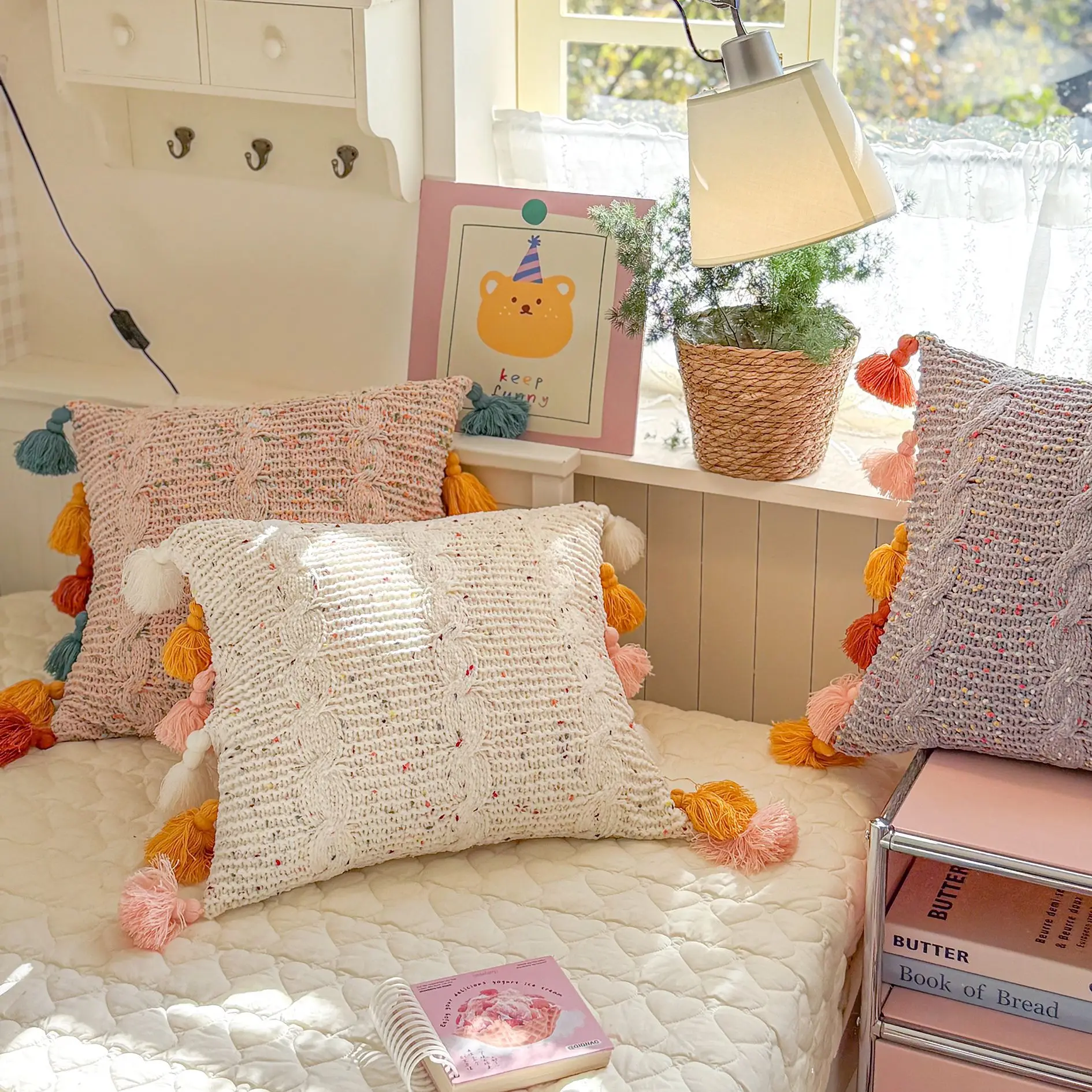 45x45cm Soft Knitted Cushion Cover Cable Knit Craft with Tassels Cozy Pillow Shell Decor for Sofa Couch Bedroom Living Room