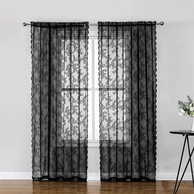 1pc Floral Embroidery Lace Curtain Vintage Flower Tulle Ruffle Curtain Sheer Panel Sweet Romantic Bedroom Window Decor Drapes