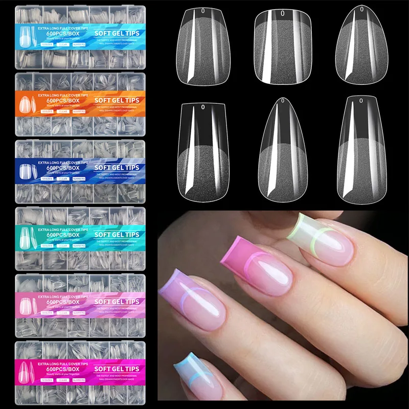 600pcs/Box Semi Frosted Matte Press On Nail Tips Soft Full Cover False Nails Oval Almond Sculpted Fake Nail