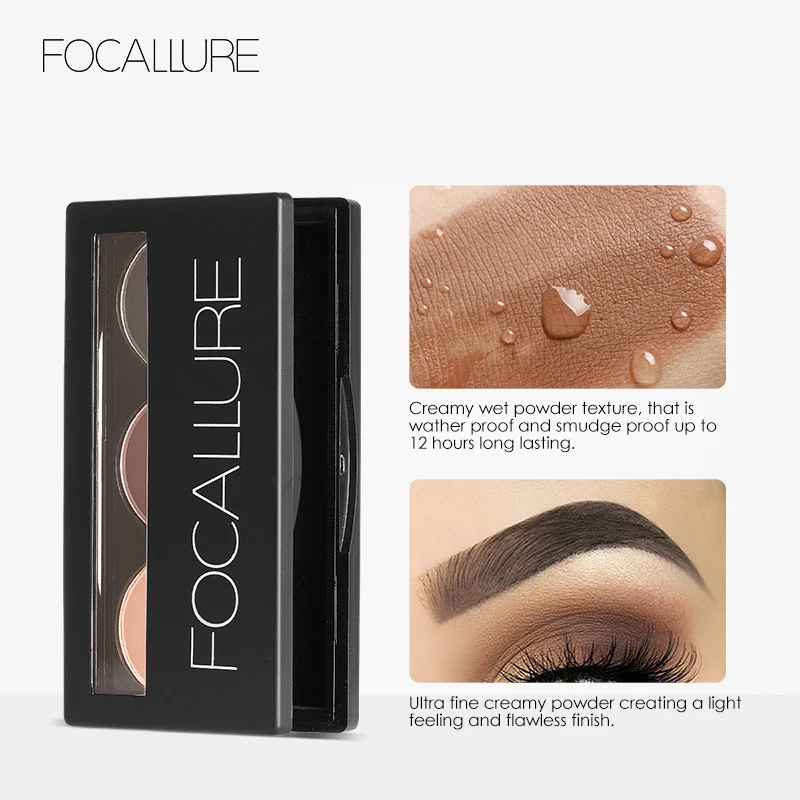 Focallure Eyebrow Powder Palette 3 Colors Eye Brow Enhancer Professional Waterproof Makeup Eye Shadow with Mirror Brushes