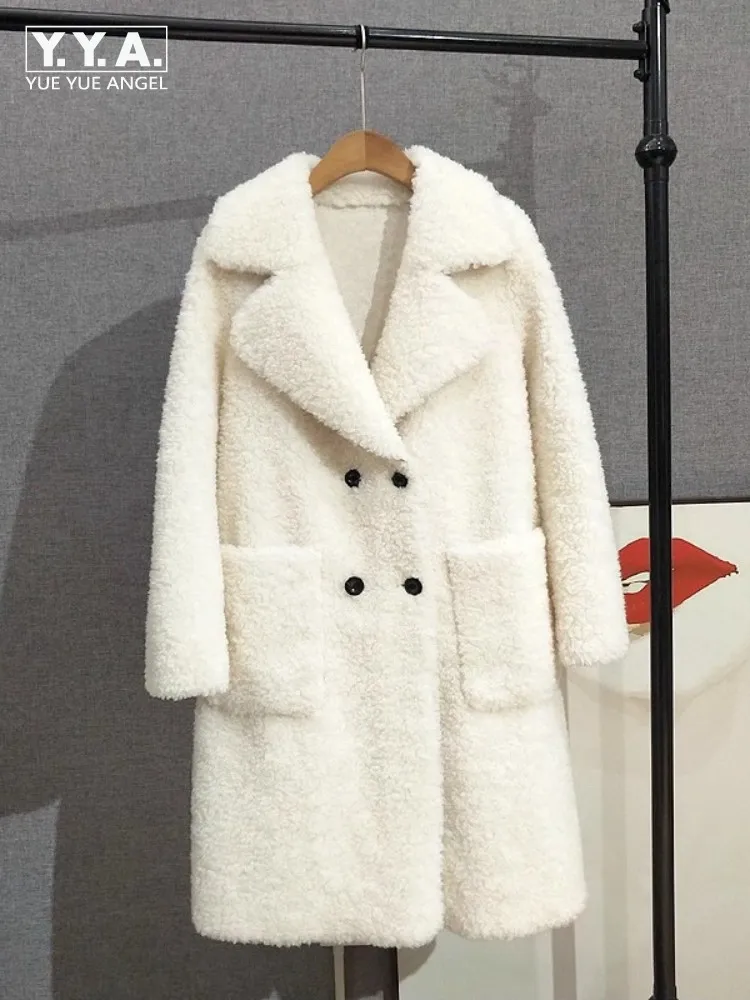 

Women Winter Medium-length Wool Coat Suit Collar Double Breasted Natural Sheep Fur Overcoat Pocket Loose Fit Thick Warm Jacket