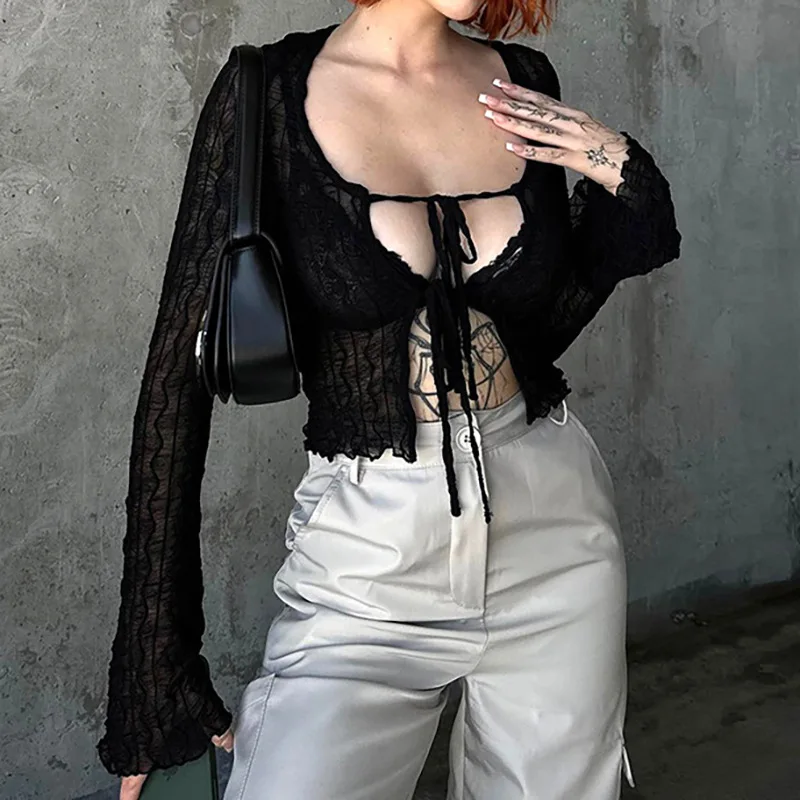 

New Summer Color Tied MeshinsLong Sleeve Shirt Cardigan Top Women PG2741