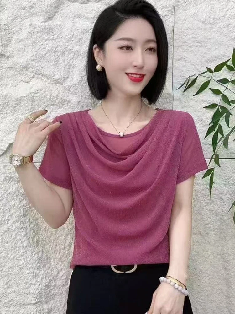 

Sli Summer New Mommy Clothes Ruffle Collar ort Sve Me Top Thin Simple Match All T-irt Small irt Polyester Fiber