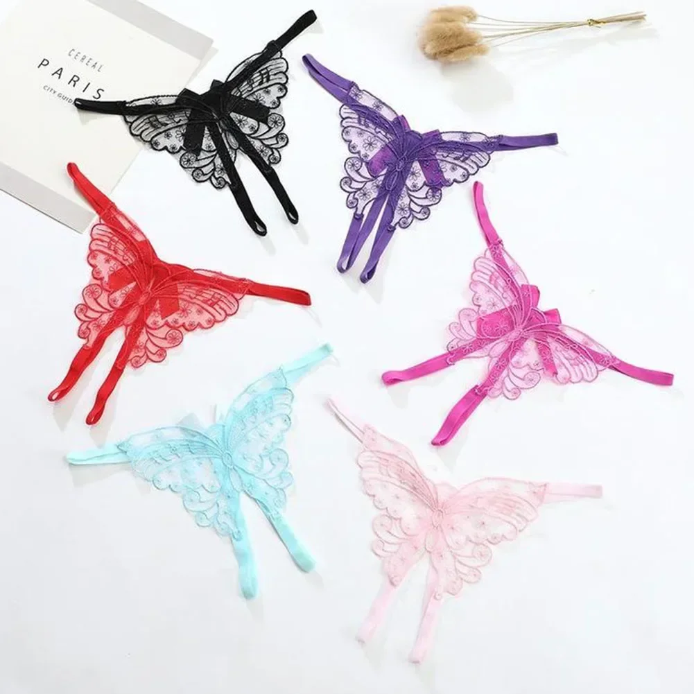 Sexy Women Transparent G-String Panties Butterfly Embroidery See Through Thong Briefs Crotchless Bow Lace-up Seductive Underwear