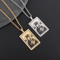 Catholic Virgin Mary Square Stainless Steel Pendant Necklace Women's French Mary Madonna Jewelry Girls Gift