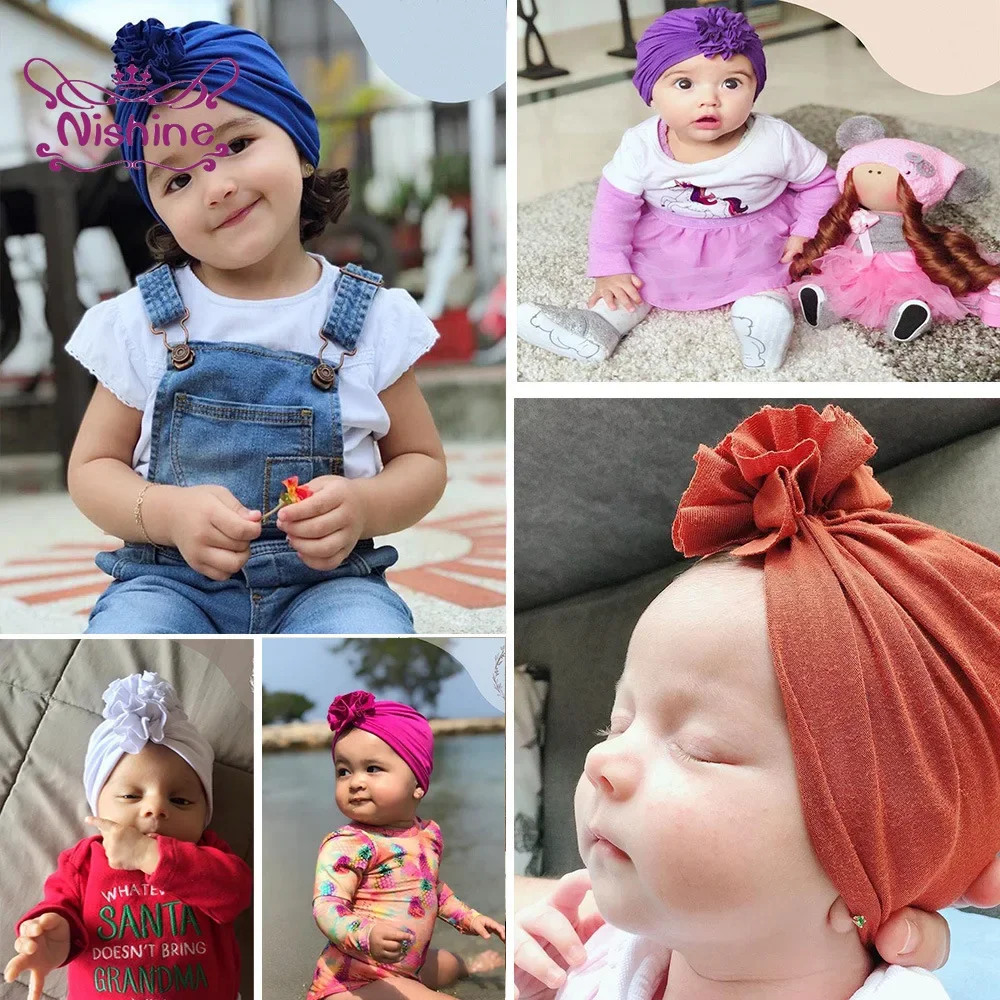 1PCS Baby Turban Hat with Pleated Flowers Cotton Newborn Beanie Kids Photo Props Girls Shower Gift Birthday Hats Headwear