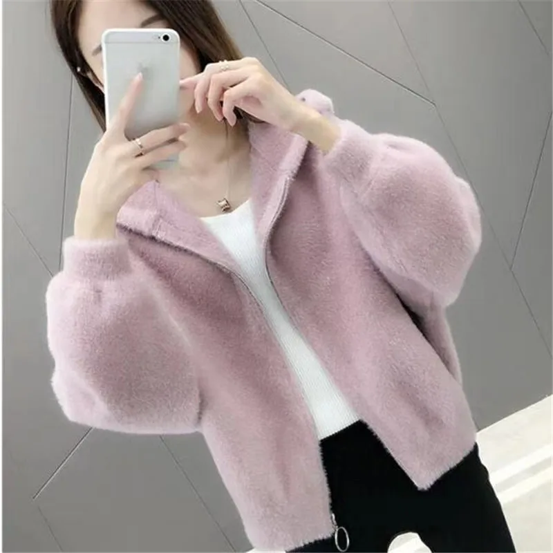 2023 New Spring Furry Hooded Jacket Imitating Mink Fur, Youthful And Fashionable Short Sleeved Cardigan For Women