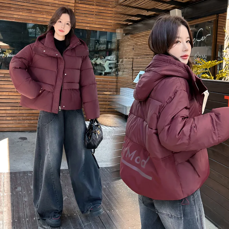 Hooded Women Parkas Jackets Oversize Short Coats Solid Turn Down Collar Zipper Loose Fit Thick Office Lady  Casual 2025 Winter