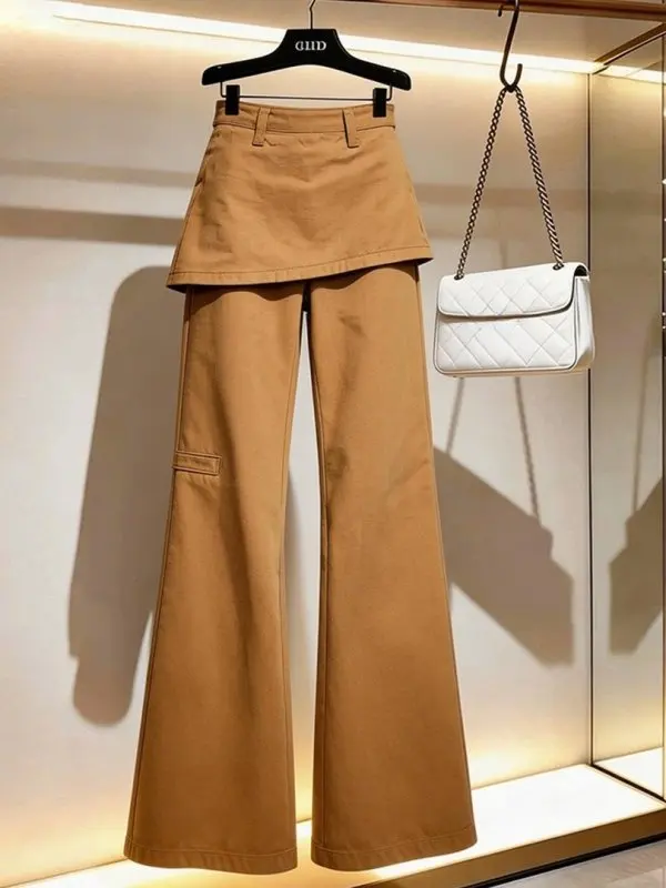 High Waist Wide Leg Pants Women's Coffee Color Spring Design Slimming Personality High Waist Wide Leg Trousers Fashionable