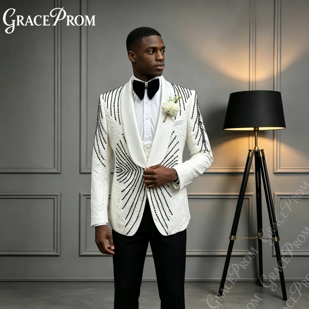 Stunning Linear Rhinestone Men Tuxedo 3 PCS Formal Party Wear Premium Shawl Slim Fit Suit Set Jacquard Wedding Groom Suits S‑3XL