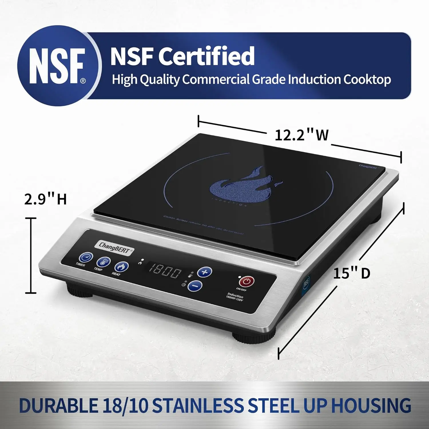 Commercial Grade Indução Cooktop, Fogão Portátil, Grande 8 "Bobina De Aquecimento, 18/10 Queimador De Bancada De Aço Inoxidável com NSF