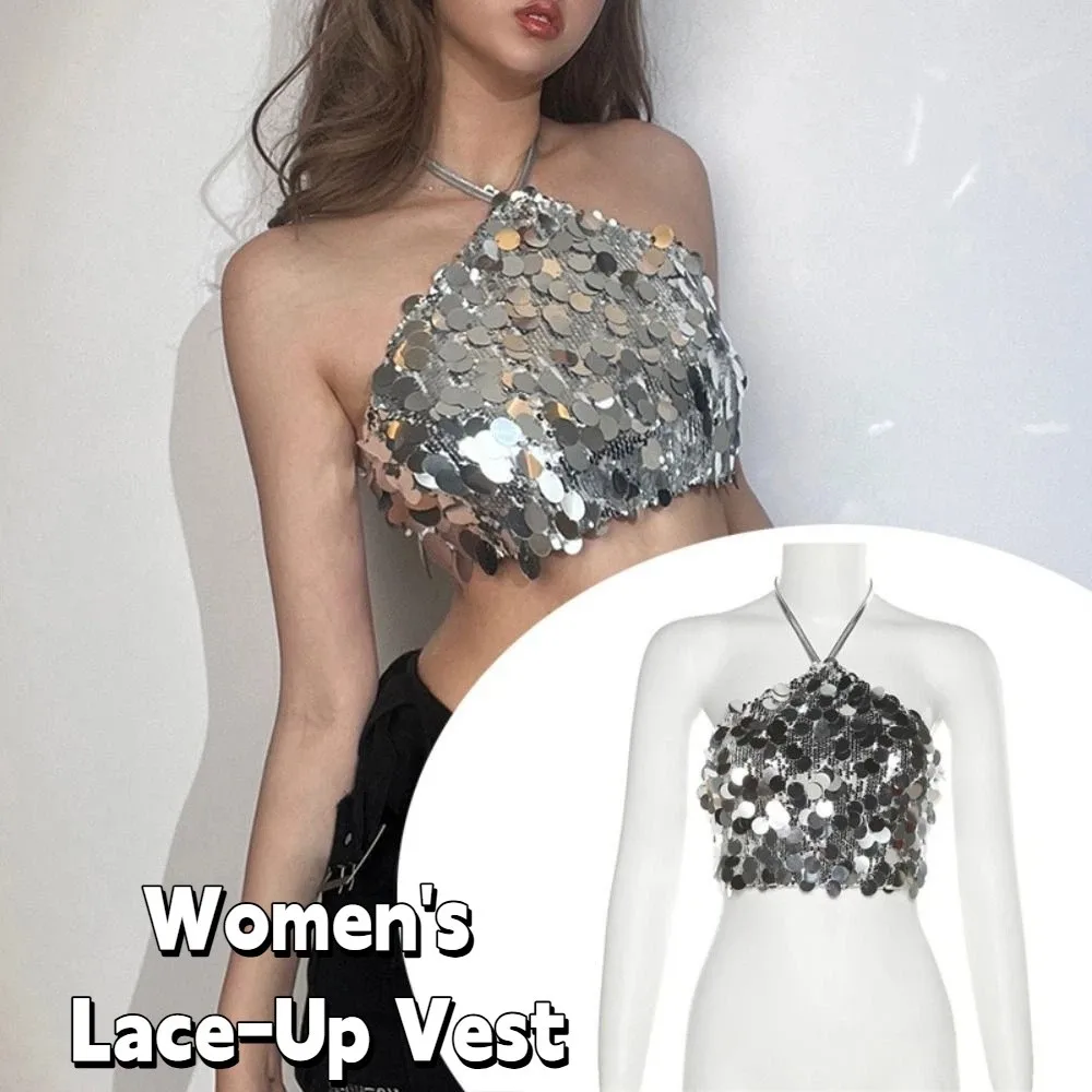 

Short Glitter Tank Top Beachwear Sleeveless Silver Sequin Camisole Spicy Girl Style Ins Style Women's Lace-Up Vest Club