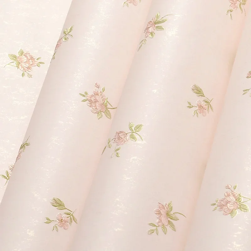 Non-Woven Modern Pastoral Fine-Pressed Wallpaper Pink Floral Bedroom Living Room Wallpaper Environmental Protection Deep Embosse