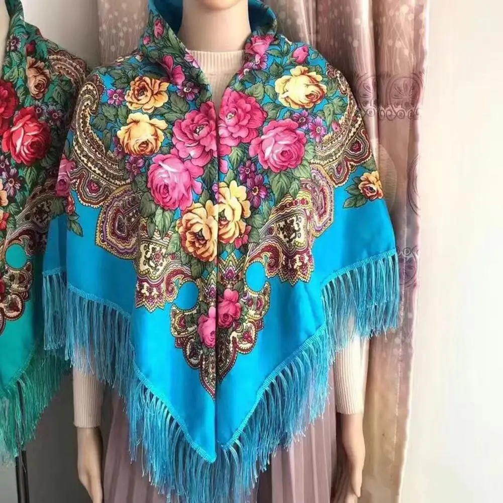 Bohemian Ethnic Shawl Scarf with Tassel Flower Print Square Fringed Head Wrap Wedding Women Wrap Scarf Floral Fringed Scarf Wrap