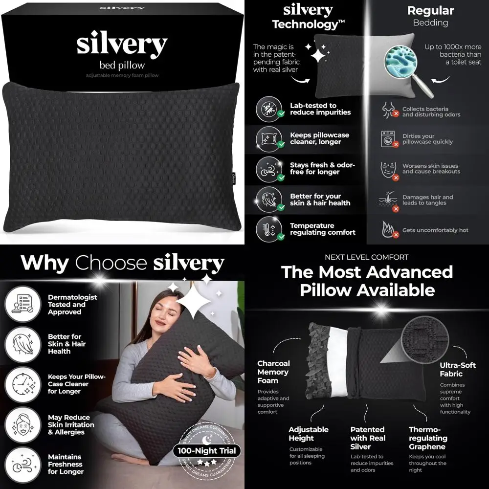 

Silvery Memory Foam Pillow with Patent-Pending Self-Cleaning Technology for Clean Sleep - Hypoallergenic, Cooling, and Adjustabl