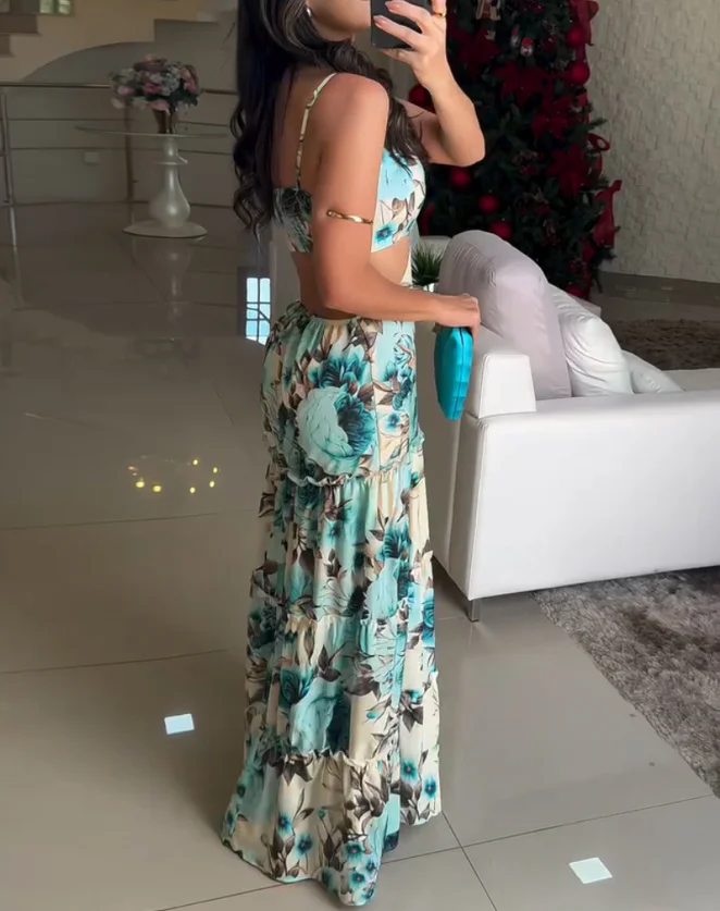 女性のカジュアル中空アウト A ラインドレス女性服夏の新ファッション女性花柄 V ネックスパゲッティストラップマキシドレス
