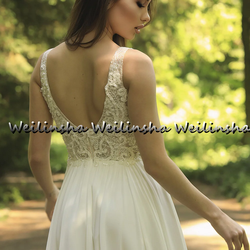 Weilinsha Wedding Dress Boho Spaghetti Straps Sleeveless Appliques Lace Bohemian  Gowns Sweep Train 2022